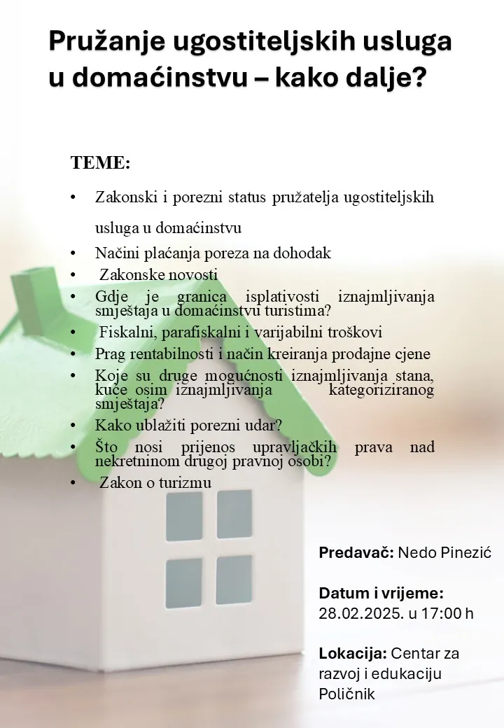Poziv na predavanje svim pružateljima ugostiteljskih usluga u domaćinstvu
